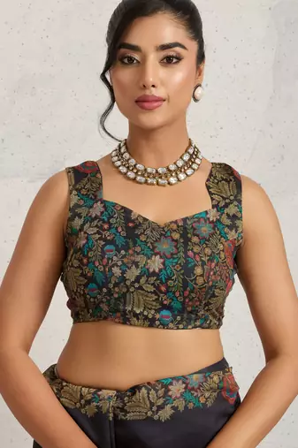 Black floral print silk ethnic causal wear saree with blouse