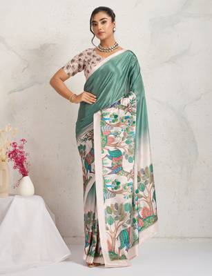 Green kalamkari print chiffon ethnic causal wear saree with blouse 1