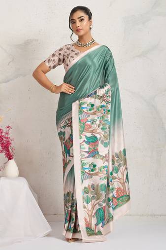 Green kalamkari print chiffon ethnic causal wear saree with blouse