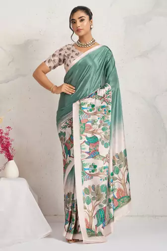 Green kalamkari print chiffon ethnic causal wear saree with blouse