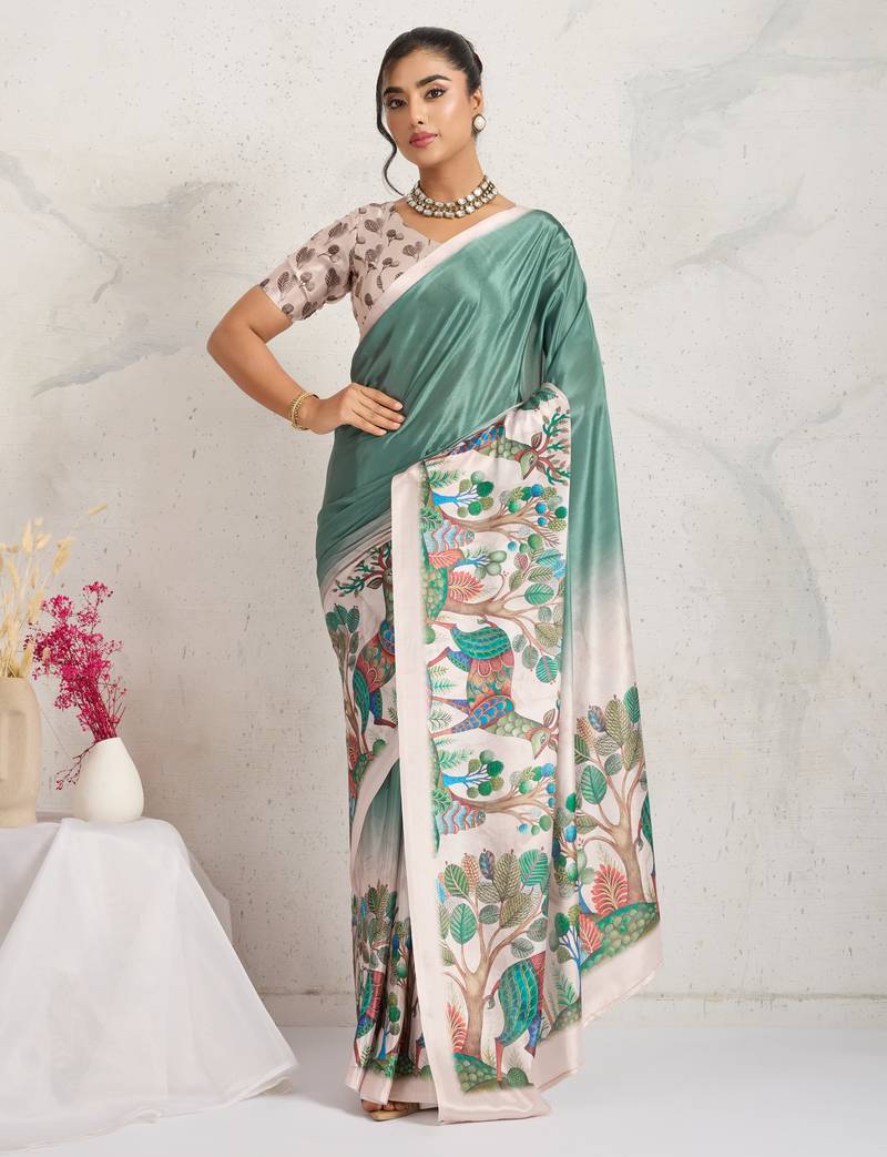 Green kalamkari print chiffon ethnic causal wear saree with blouse