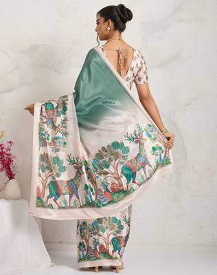Green kalamkari print chiffon ethnic causal wear saree with blouse 2