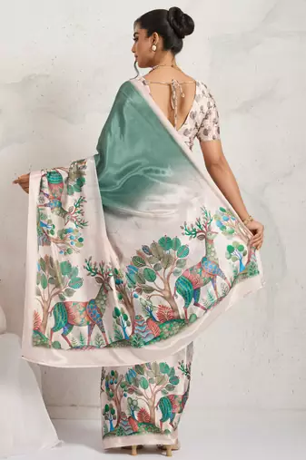 Green kalamkari print chiffon ethnic causal wear saree with blouse