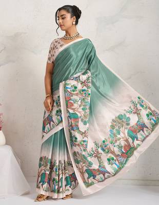 Green kalamkari print chiffon ethnic causal wear saree with blouse 3