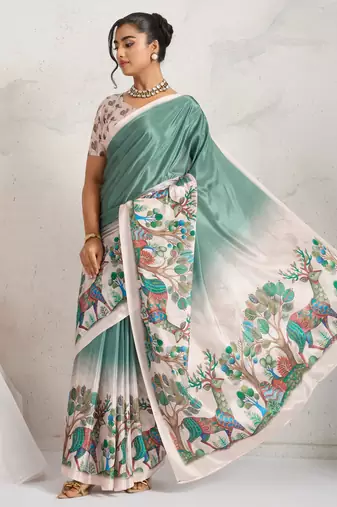 Green kalamkari print chiffon ethnic causal wear saree with blouse