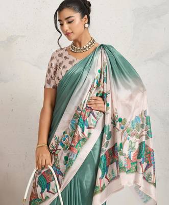 Green kalamkari print chiffon ethnic causal wear saree with blouse 4