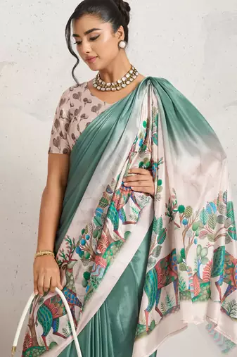 Green kalamkari print chiffon ethnic causal wear saree with blouse