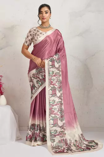 Rust  kalamkari print chiffon ethnic party wear saree with blouse