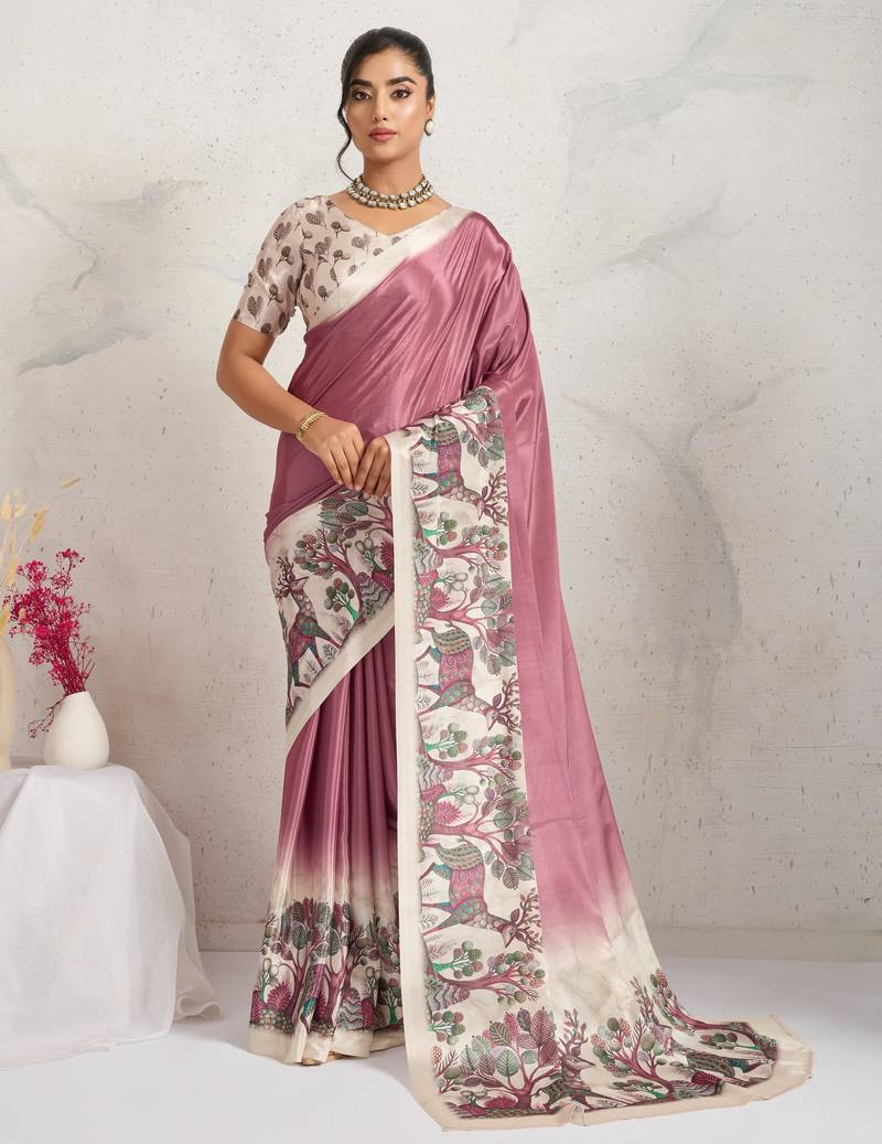 Rust  kalamkari print chiffon ethnic party wear saree with blouse