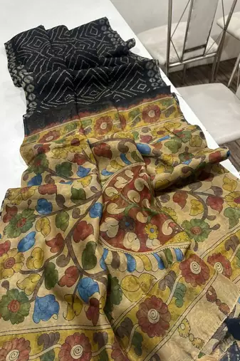 Black Color Printed floral pallu Work  Linen Cotton Saree
