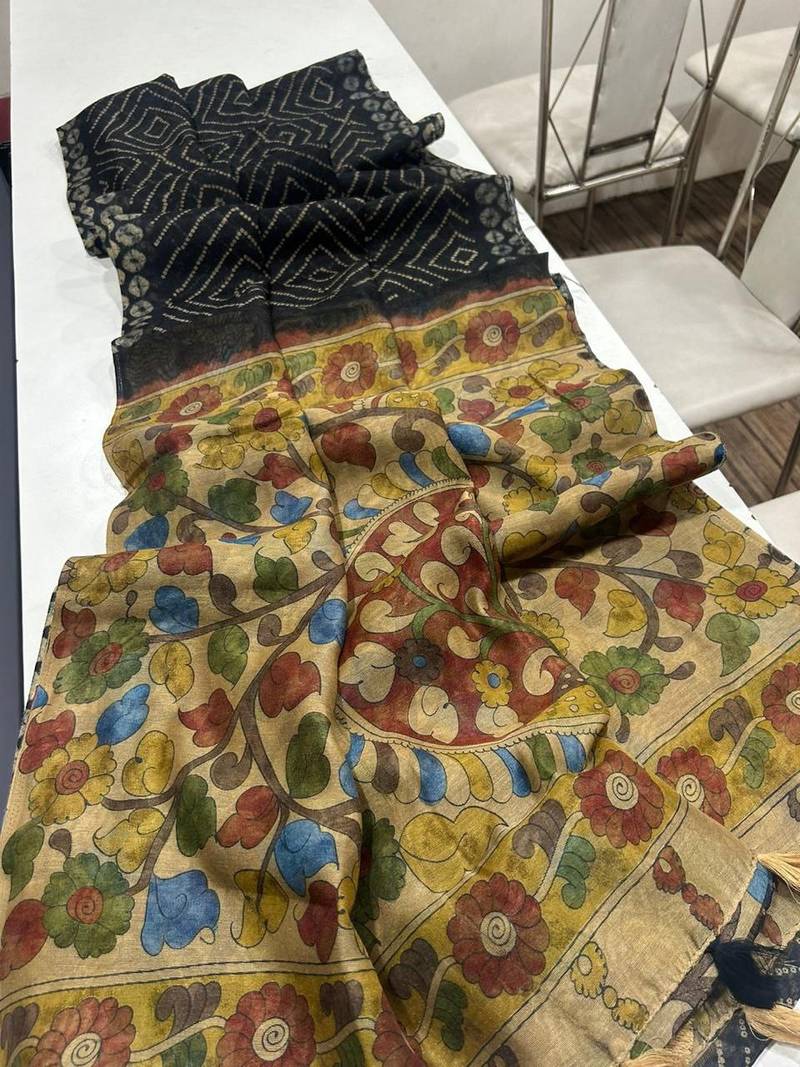 Black Color Printed floral pallu Work  Linen Cotton Saree