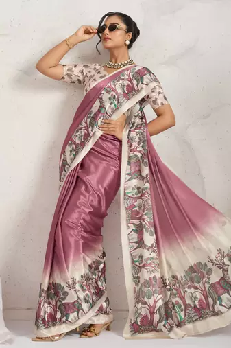 Rust  kalamkari print chiffon ethnic party wear saree with blouse