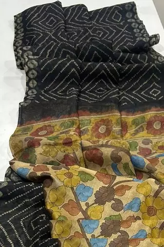 Black Color Printed floral pallu Work  Linen Cotton Saree
