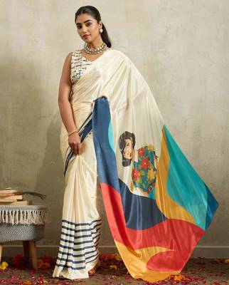 Cream solid colour cotton silk ethnic causal wear saree with blouse 1