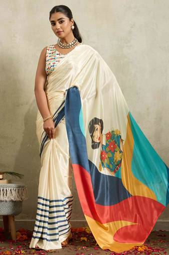 Cream solid colour cotton silk ethnic causal wear saree with blouse