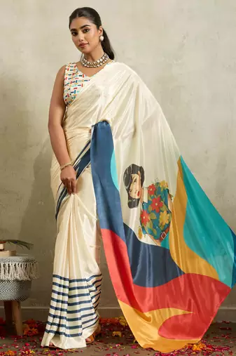 Cream solid colour cotton silk ethnic causal wear saree with blouse