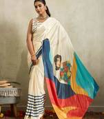Cream solid colour cotton silk ethnic causal wear saree with blouse