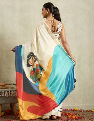 Cream solid colour cotton silk ethnic causal wear saree with blouse 2