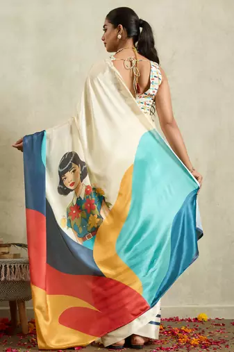 Cream solid colour cotton silk ethnic causal wear saree with blouse