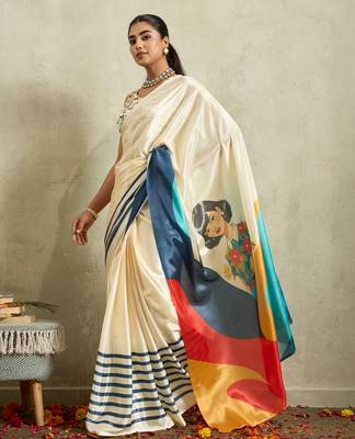 Cream solid colour cotton silk ethnic causal wear saree with blouse 3