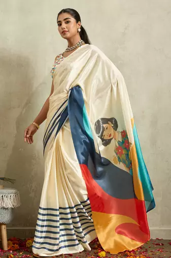 Cream solid colour cotton silk ethnic causal wear saree with blouse