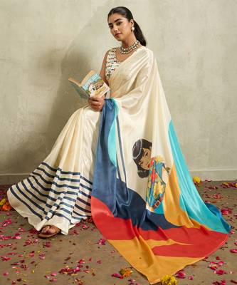 Cream solid colour cotton silk ethnic causal wear saree with blouse 4
