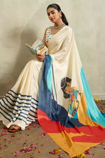 Cream solid colour cotton silk ethnic causal wear saree with blouse
