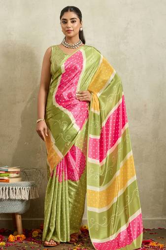 Green bandhani printed satin ethnic causal wear saree with blouse