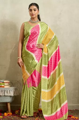 Green bandhani printed satin ethnic causal wear saree with blouse