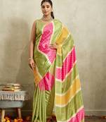 Green bandhani printed satin ethnic causal wear saree with blouse