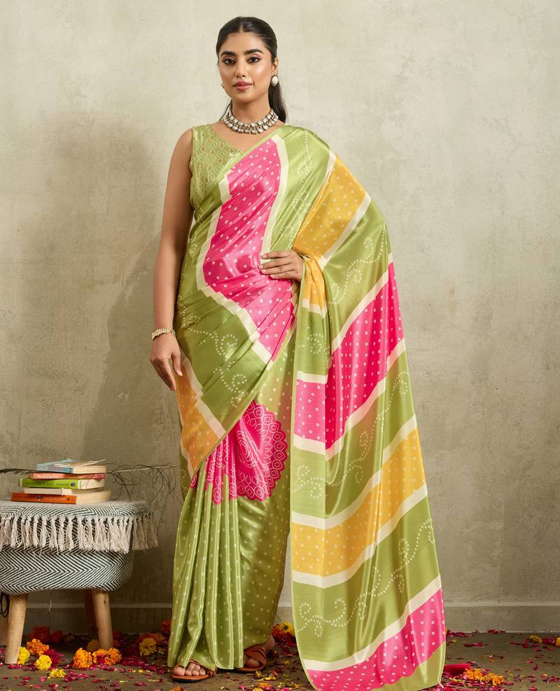 Green bandhani printed satin ethnic causal wear saree with blouse