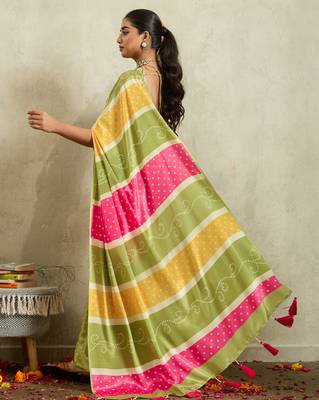 Green bandhani printed satin ethnic causal wear saree with blouse 2