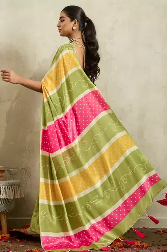 Green bandhani printed satin ethnic causal wear saree with blouse