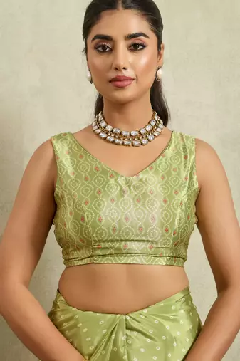 Green bandhani printed satin ethnic causal wear saree with blouse