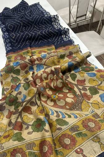 Neavy Blue Color Printed floral pallu Work  Linen Cotton Saree