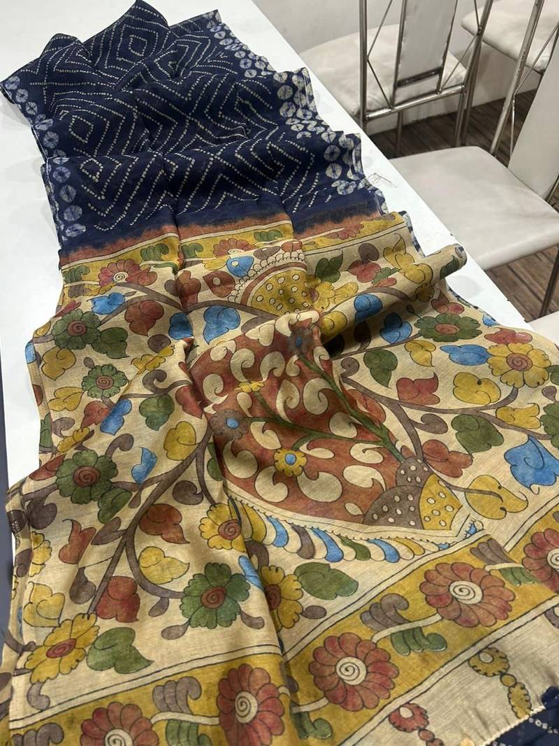 Neavy Blue Color Printed floral pallu Work  Linen Cotton Saree