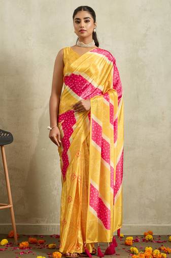 Yellow bandhani printed satin ethnic causal wear saree with blouse