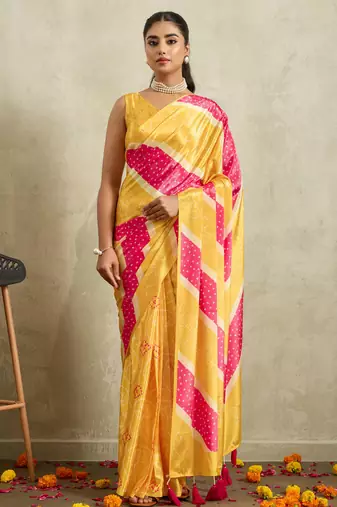 Yellow bandhani printed satin ethnic causal wear saree with blouse