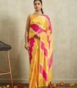 Yellow bandhani printed satin ethnic causal wear saree with blouse