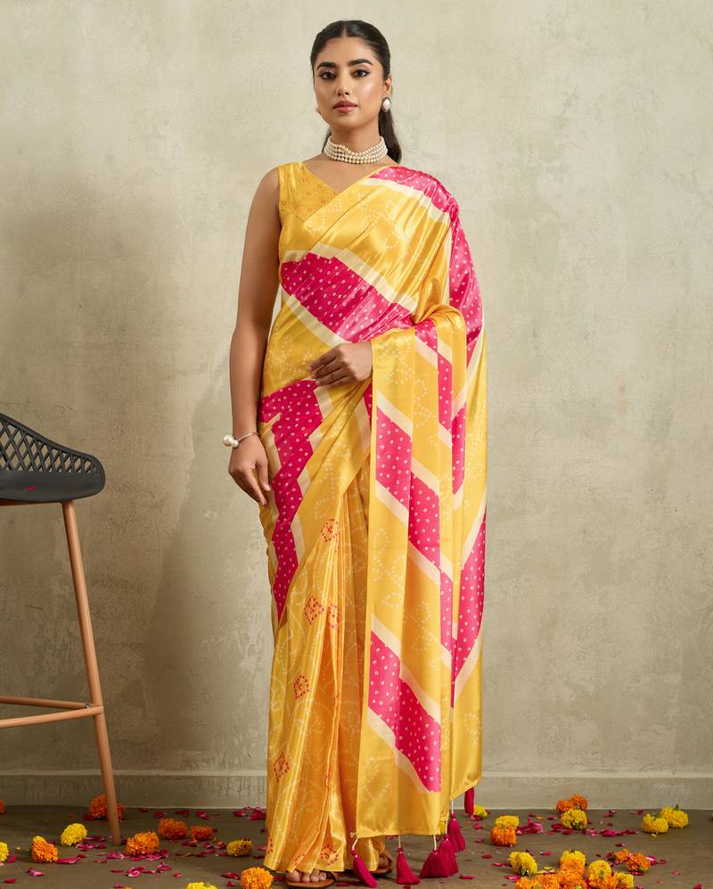 Yellow bandhani printed satin ethnic causal wear saree with blouse