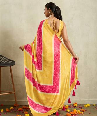 Yellow bandhani printed satin ethnic causal wear saree with blouse 2