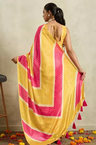 Yellow bandhani printed satin ethnic causal wear saree with blouse