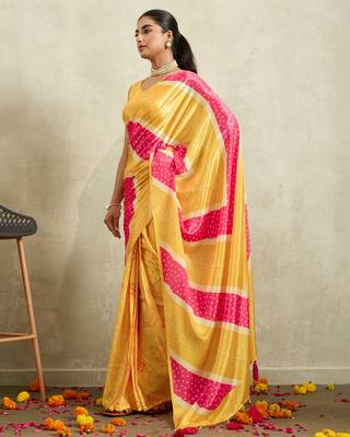Yellow bandhani printed satin ethnic causal wear saree with blouse 3