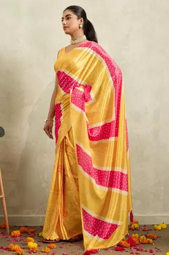 Yellow bandhani printed satin ethnic causal wear saree with blouse