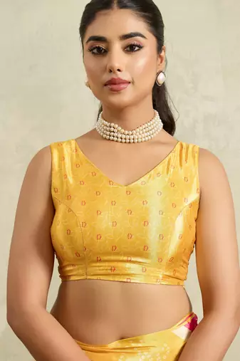 Yellow bandhani printed satin ethnic causal wear saree with blouse