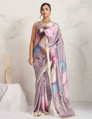 Purple floral print silk ethnic causal wear saree with blouse 1