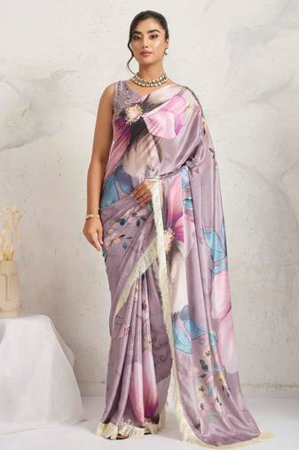 Purple floral print silk ethnic causal wear saree with blouse