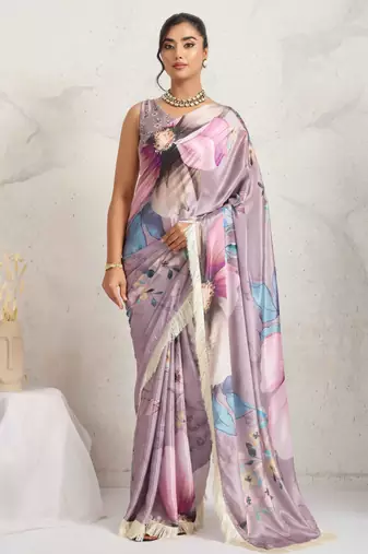 Purple floral print silk ethnic causal wear saree with blouse