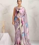 Purple floral print silk ethnic causal wear saree with blouse