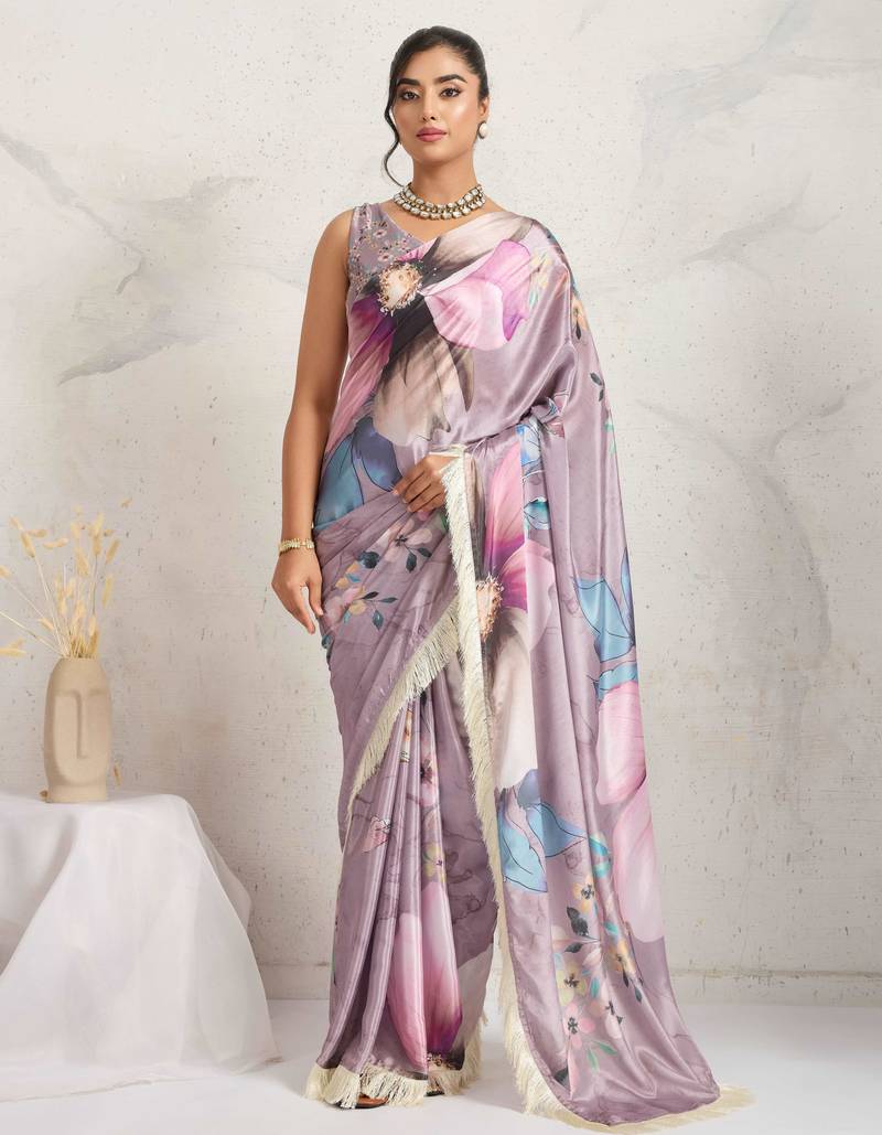 Purple floral print silk ethnic causal wear saree with blouse